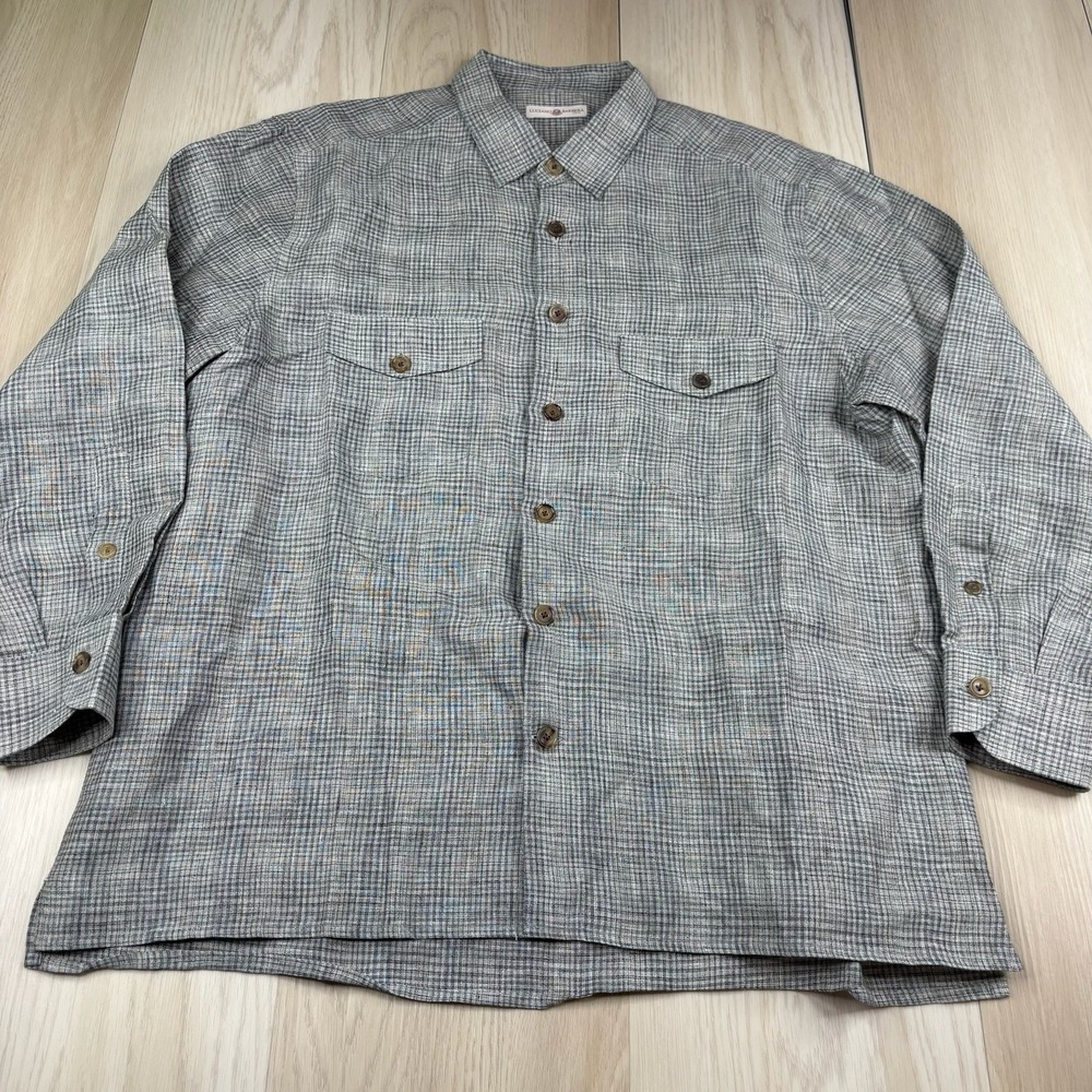 Luciano Barbera Casual Button Down Shirt Plaid 100% Linen Mens Size XL Pockets